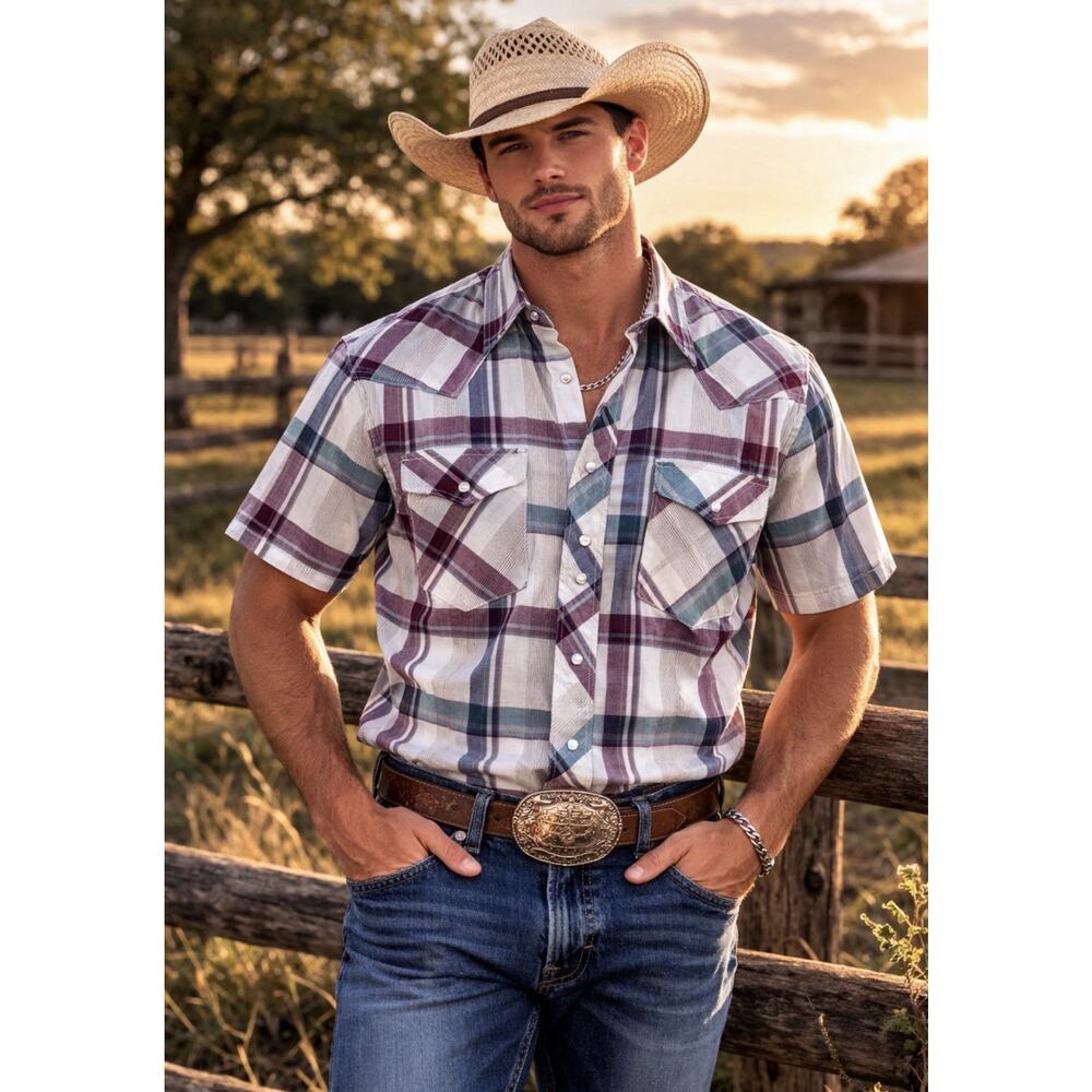 Vintage Stagecoach Western Shirt XXL Big Man Plaid Pearl Snap Short Sleeve New